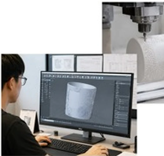Designer modeling in CAD and a CNC machine cutting the master