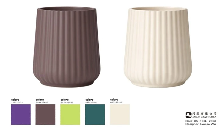 Ribbed ceramic vessel proposal in two color-ways with a palette