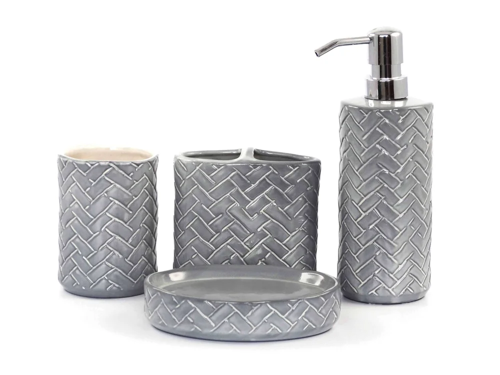 Grey basket-weave ceramic bath set with dispenser