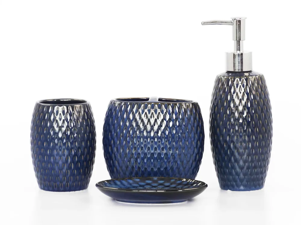 Navy diamond-relief ceramic bath accessory set