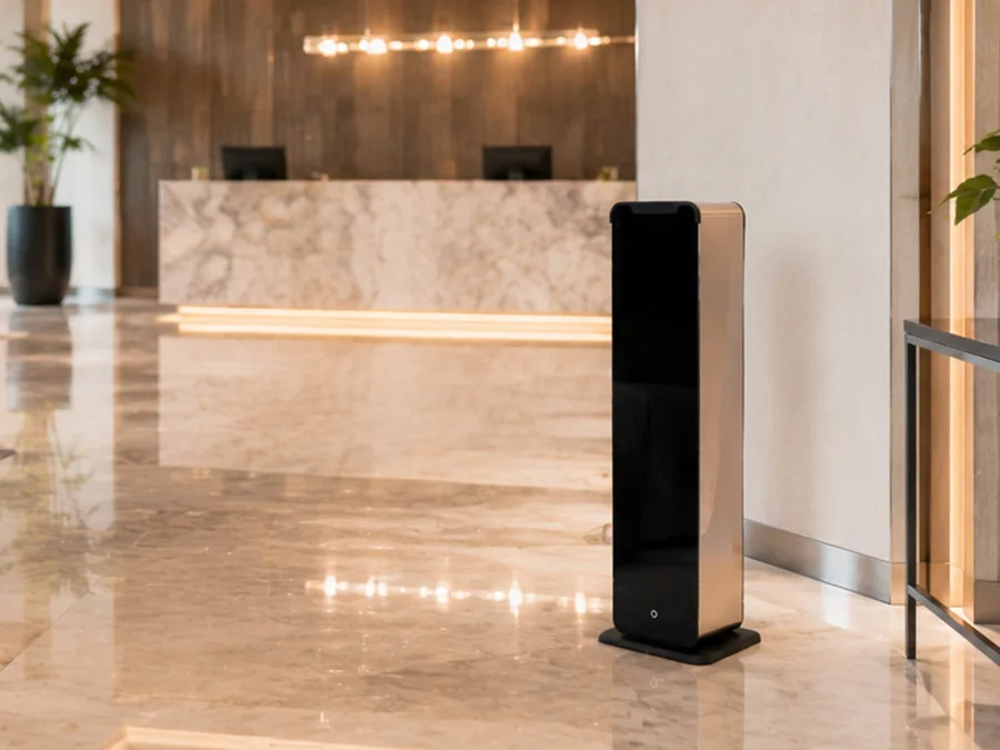 Floor-standing waterless scent diffuser in a marble hotel lobby