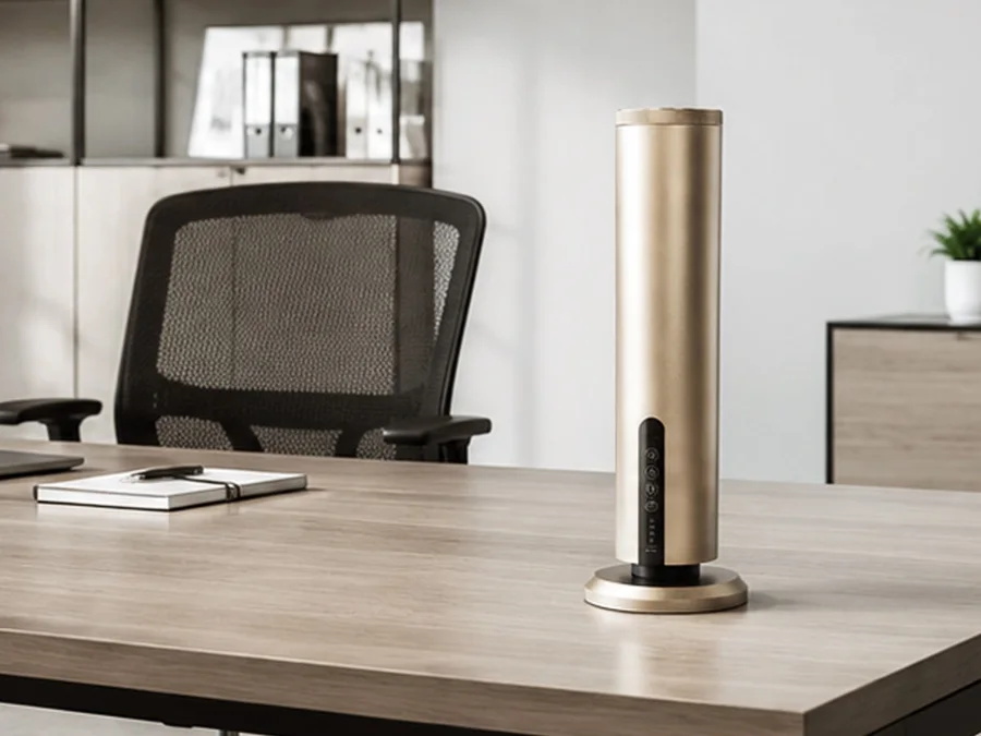 Cordless gold tabletop scent diffuser on an office desk