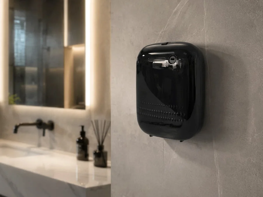 Black wall-mounted scent diffuser beside a washroom vanity