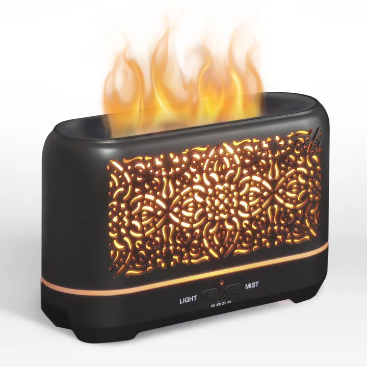 Black flame-effect diffuser with an LED flame in the mist