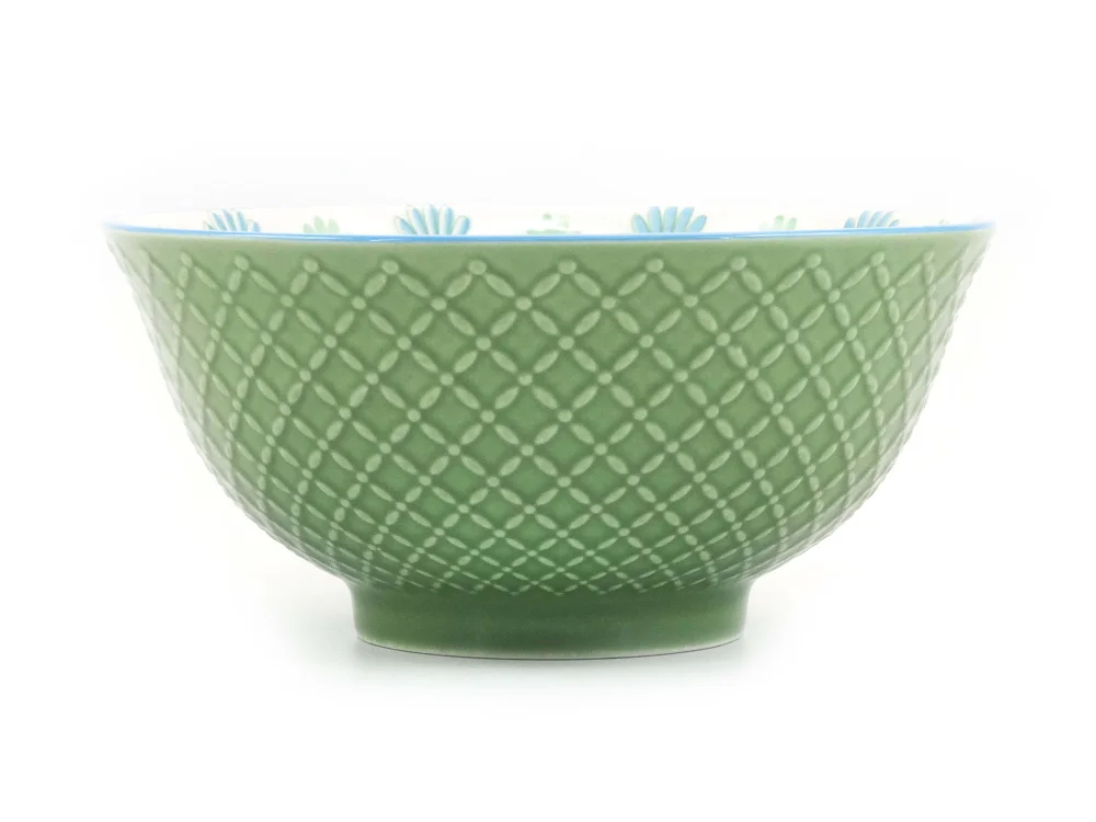 Green embossed lattice stoneware bowl