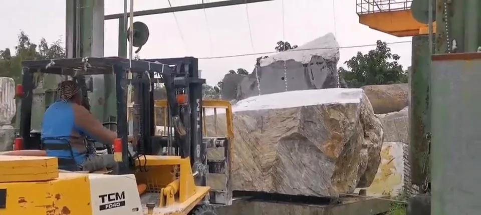 Raw marble block in a Hualien stone yard
