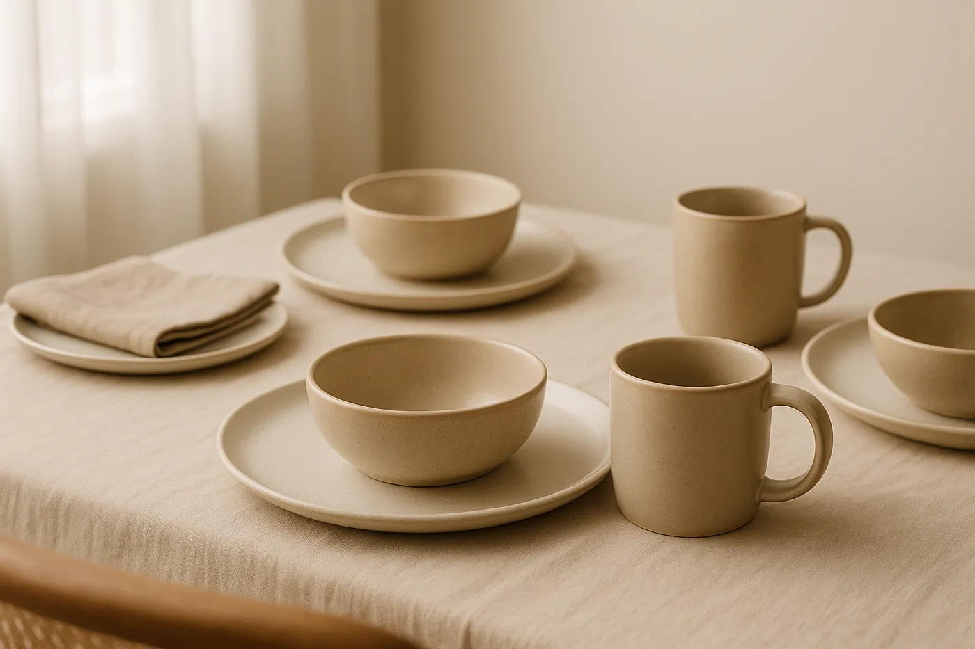 Stoneware dinnerware set on a linen table (illustrative)
